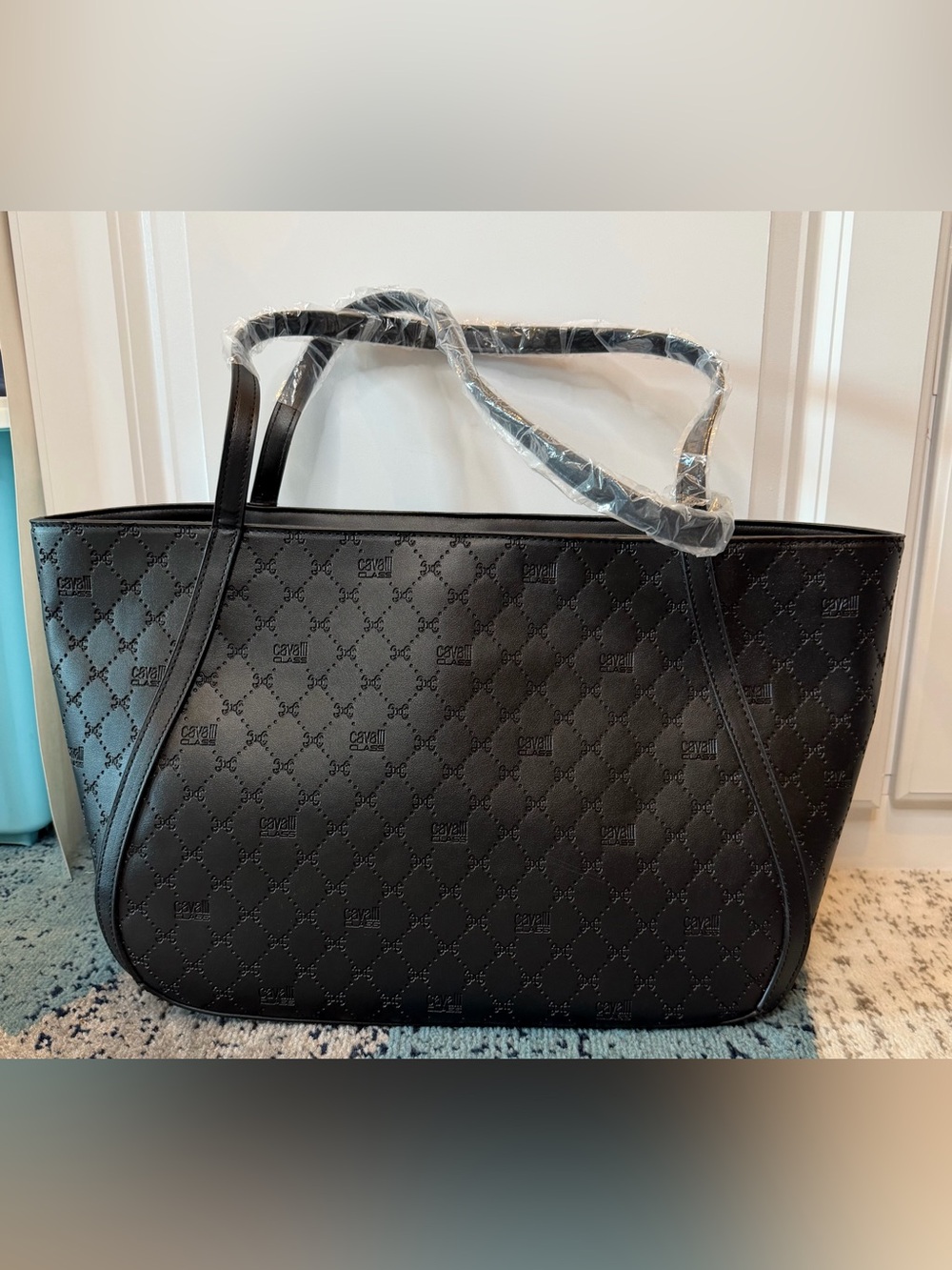 Cavalli Class Sandra Shopper Tote Black Deboss Gold Logo NWT - Picture 2 of 8